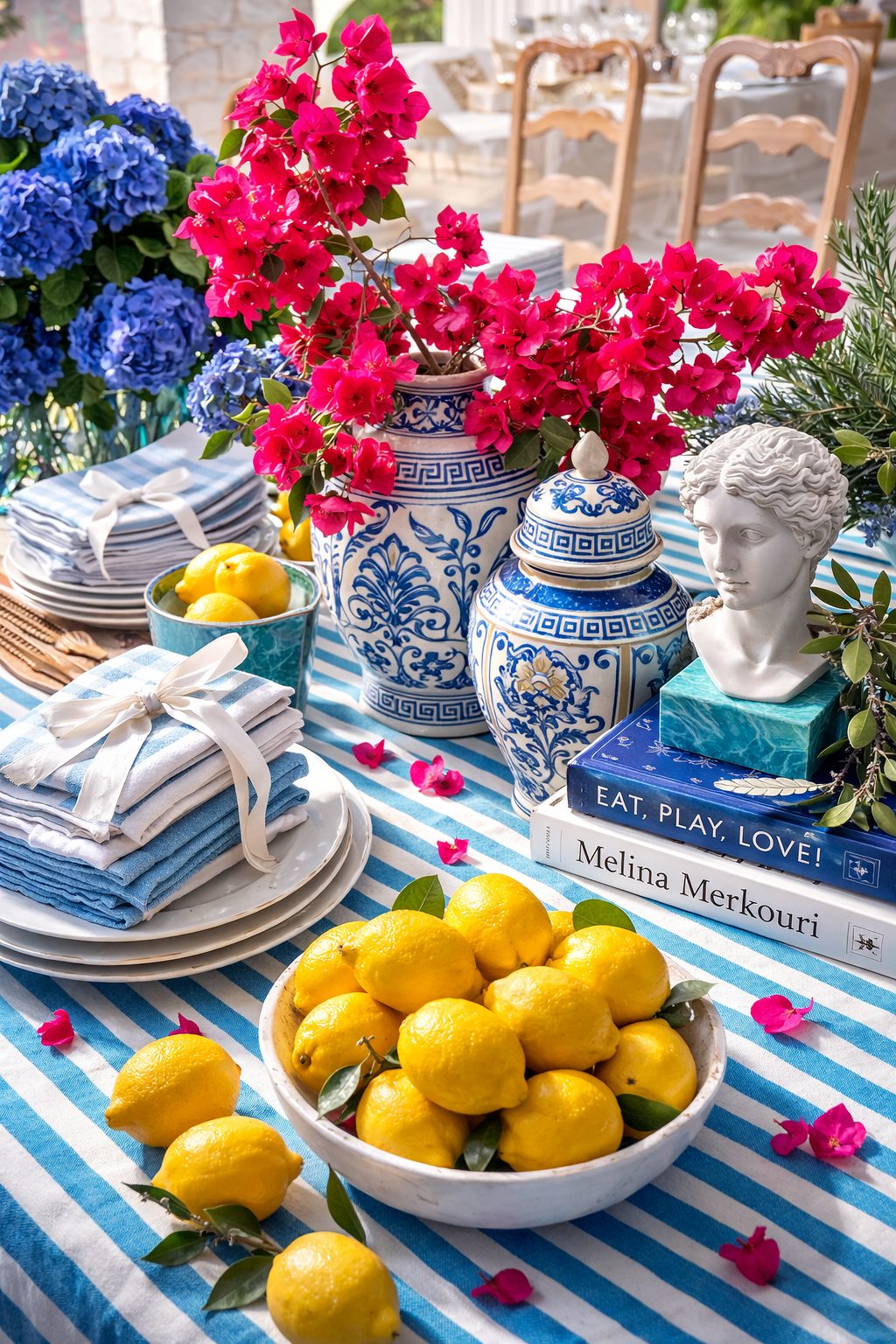 &rsquo;n Mediterreense tafel gedek met suurlemoene, bougainvillea en blou-en-wit porselein